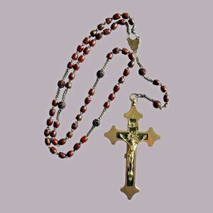 Antique Rosary with Large Inlaid Crucifix Crown of Thorns Carved Paters 59 Beads